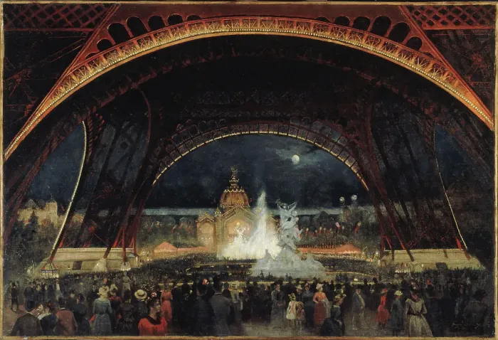 Framed Print : Night fete at the Universal Exhibition of 1889, under the Eiffel Tower, c1889. Creator: Alexandre-Georges Roux Framed Print : Night fete at the Universal Exhibition of 1889, under the Eiffel Tower, c1889. Creator: Alexandre-Georges Roux