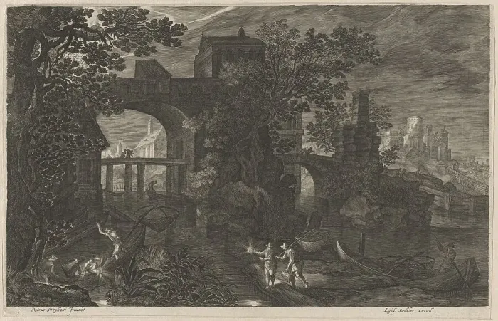 Framed Print : Night Fishing near Fortified Bridges, 1600 / 1615. Creators: Aegidius Sadeler II, Pieter Stevens Framed Print : Night Fishing near Fortified Bridges, 1600 / 1615. Creators: Aegidius Sadeler II, Pieter Stevens