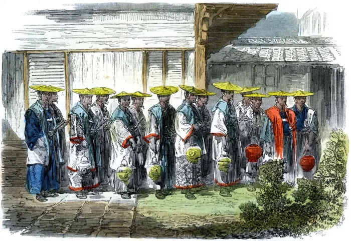 Framed Print : The night guard at Jeddo (Edo), Japan, 1864. Artist: M Jackson Framed Print : The night guard at Jeddo (Edo), Japan, 1864. Artist: M Jackson