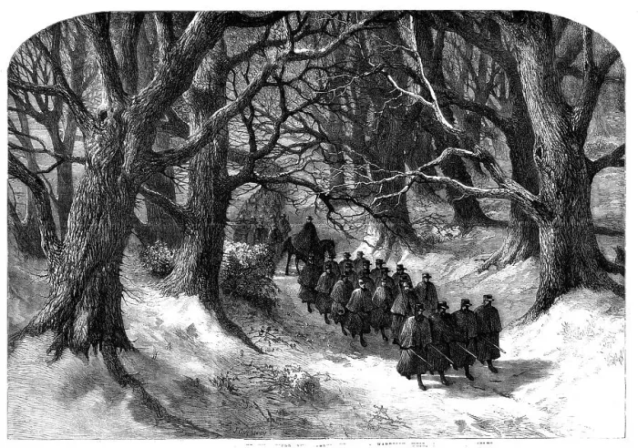 Framed Print : Night march at Christmastide of the Rifle Volunteers - drawn by Harrison Weir, 1st Surrey... 1860. Creator: J Greenaway Framed Print : Night march at Christmastide of the Rifle Volunteers - drawn by Harrison Weir, 1st Surrey... 1860. Creator: J Greenaway