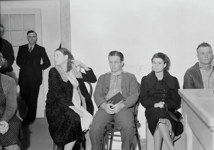 Framed Print : Night meeting in the Farm Security Administration office, Visalia, Tulare County, California, 1938. Creator: Dorothea Lange