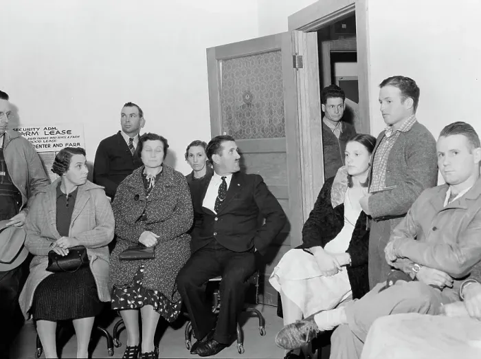Framed Print : Night meeting in the FSA office, Tulare County, California, 1938. Creator: Dorothea Lange Framed Print : Night meeting in the FSA office, Tulare County, California, 1938. Creator: Dorothea Lange
