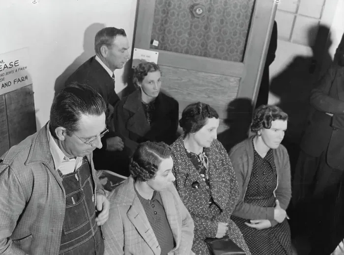 Framed Print : Night meeting in the FSA office, Visalia, Tulare County, California, 1938. Creator: Dorothea Lange Framed Print : Night meeting in the FSA office, Visalia, Tulare County, California, 1938. Creator: Dorothea Lange