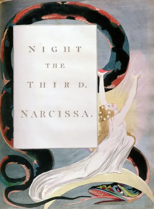 Framed Print : Night the Third Narcissa, title-page from the Nights of Edward Youngs Night Thoughts, c1797. Artist: William Blake Framed Print : Night the Third Narcissa, title-page from the Nights of Edward Youngs Night Thoughts, c1797. Artist: William Blake