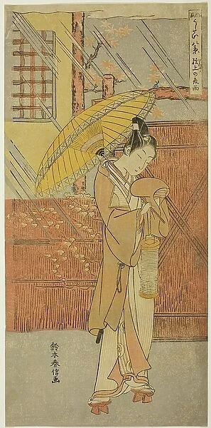 Night Rain of Genjo (Genjo no yau), from the series 'Parodies of Eight Scenes from Noh... c. 1767. Creator: Suzuki Harunobu. Night Rain of Genjo (Genjo no yau), from the series 'Parodies of Eight Scenes from Noh... c. 1767