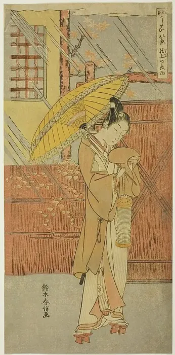 Framed Print : Night Rain of Genjo (Genjo no yau), from the series Parodies of Eight Scenes from Noh... c. 1767. Creator: Suzuki Harunobu. Night Rain of Genjo (Genjo no yau), from the series Parodies of Eight Scenes from Noh... c. 1767 Framed Print : Night Rain of Genjo (Genjo no yau), from the series Parodies of Eight Scenes from Noh... c. 1767. Creator: Suzuki Harunobu. Night Rain of Genjo (Genjo no yau), from the series Parodies of Eight Scenes from Noh... c. 1767