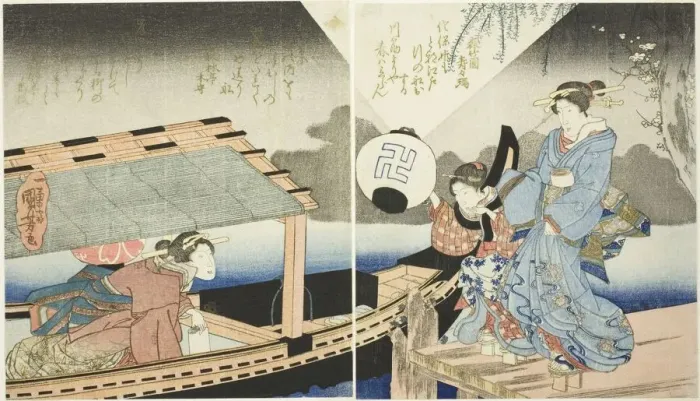 Framed Print : Night scene aboard a pleasure boat, c. 1830s. Creator: Utagawa Kuniyoshi Framed Print : Night scene aboard a pleasure boat, c. 1830s. Creator: Utagawa Kuniyoshi
