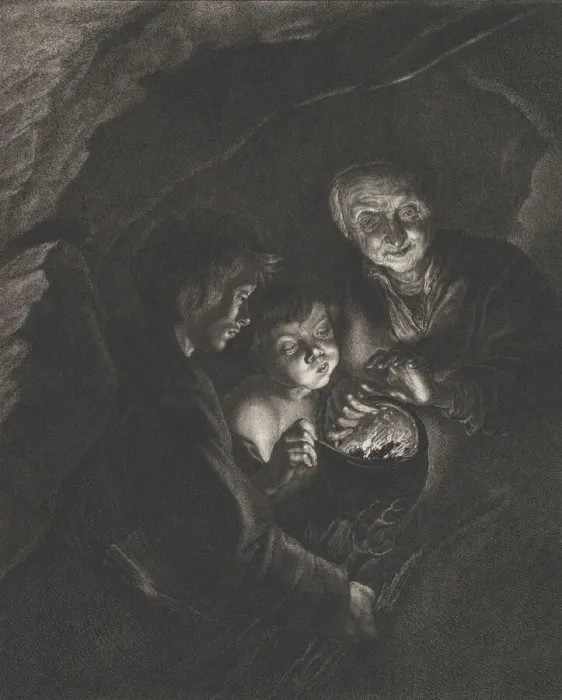 Framed Print : Night scene in a cave with an old woman holding burning coals in a pot, a boy blowi Framed Print : Night scene in a cave with an old woman holding burning coals in a pot, a boy blowi