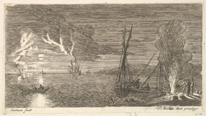 Framed Print : Night Scene with Fisherman Standing by a Fire, 17th century. Creator: Reinier Zeeman Framed Print : Night Scene with Fisherman Standing by a Fire, 17th century. Creator: Reinier Zeeman