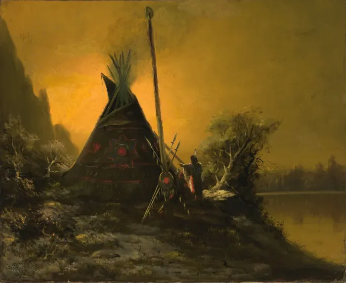 Framed Print : Night Scene of Indian Tipi, 1895. Creator: Benjamin Raborg Framed Print : Night Scene of Indian Tipi, 1895. Creator: Benjamin Raborg