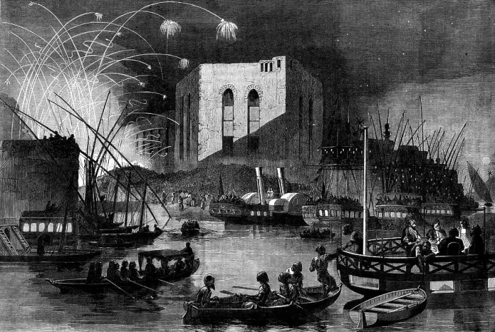 Framed Print : A night scene on the Nile near the mouth of the Cairo canal, during the festival of Gebr... 1862. Creator: Unknown Framed Print : A night scene on the Nile near the mouth of the Cairo canal, during the festival of Gebr... 1862. Creator: Unknown