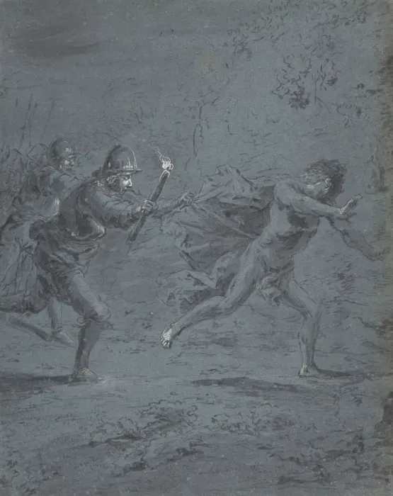 Framed Print : Night scene with soldiers chasing a fugitive (Mark XIV, 5-52), 1611-74 Framed Print : Night scene with soldiers chasing a fugitive (Mark XIV, 5-52), 1611-74