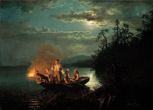 Night spear fishing on the Kroderen Lake. Artist: Gude, Hans (1825-1903)