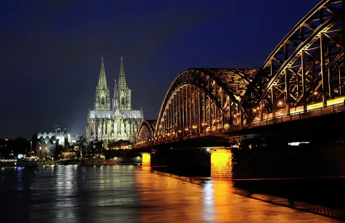 Framed Print : Night view of the Hohenzollern Bridge over the Rhine, Cologne, Germany, 2018. Creator: LTL Framed Print : Night view of the Hohenzollern Bridge over the Rhine, Cologne, Germany, 2018. Creator: LTL