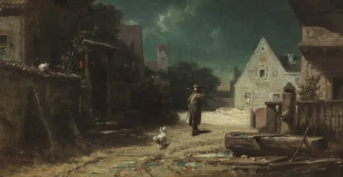 Framed Print : The night watchman (Night watchman by moonlight, or Dog and cat), c. 1870 Framed Print : The night watchman (Night watchman by moonlight, or Dog and cat), c. 1870