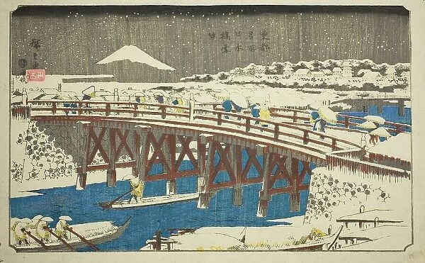 Nihon Bridge in Snow (Nihonbashi setchu), from the series 'Famous Places in the Eastern...c.1842 / 44. Creator: Ando Hiroshige. Nihon Bridge in Snow (Nihonbashi setchu), from the series 'Famous Places in the Eastern...c.1842 / 44