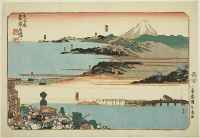 Framed Print : Nihonbashi, Shinagawa, Kawasaki, and Kanagawa, from the series Famous Places on the... c. 1830 / 35. Creator: Utagawa Kuniyoshi Framed Print : Nihonbashi, Shinagawa, Kawasaki, and Kanagawa, from the series Famous Places on the... c. 1830 / 35. Creator: Utagawa Kuniyoshi