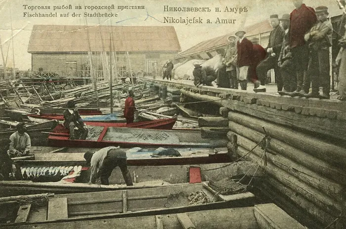 Framed Print : Nikolaevsk-on-Amur. Fish trade on the city pier, 1900. Creator: Unknown Framed Print : Nikolaevsk-on-Amur. Fish trade on the city pier, 1900. Creator: Unknown