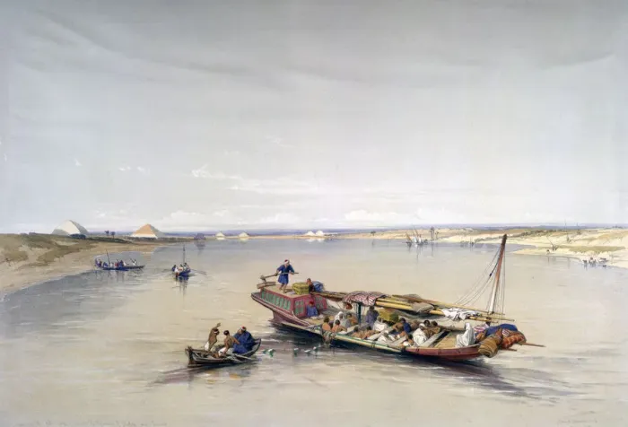 Framed Print : The Nile looking towards the Pyramids of Dahshur and Saqqarah, 19th century. Artist: David Roberts Framed Print : The Nile looking towards the Pyramids of Dahshur and Saqqarah, 19th century. Artist: David Roberts