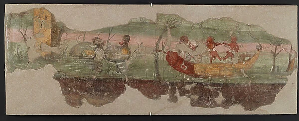 Nilotic landscape scene with pygmies and phallic boat, 1st century. Creator: Roman-Pompeian wall painting