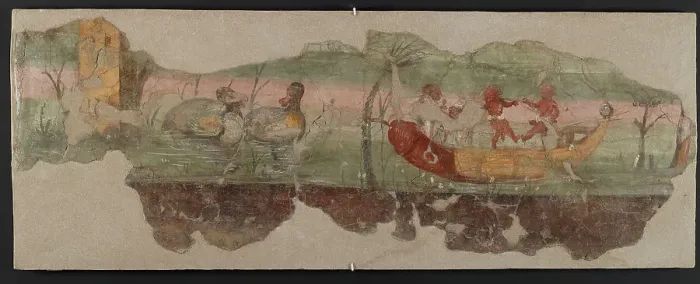 Framed Print : Nilotic landscape scene with pygmies and phallic boat, 1st century. Creator: Roman-Pompeian wall painting Framed Print : Nilotic landscape scene with pygmies and phallic boat, 1st century. Creator: Roman-Pompeian wall painting