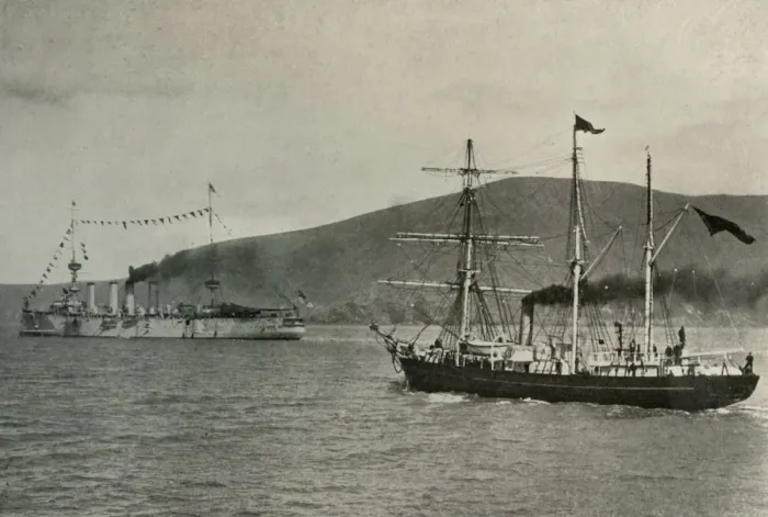 Framed Print : The Nimrod Passing H.M.S. Powerful... in Lyttelton Harbour, 1 January 1908, (1909)