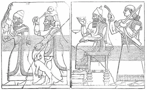Nimroud Sculptures at the British Museum - Tribute Bearers; Assyrian King and Sword-Bearer, 1850. Creator: Unknown