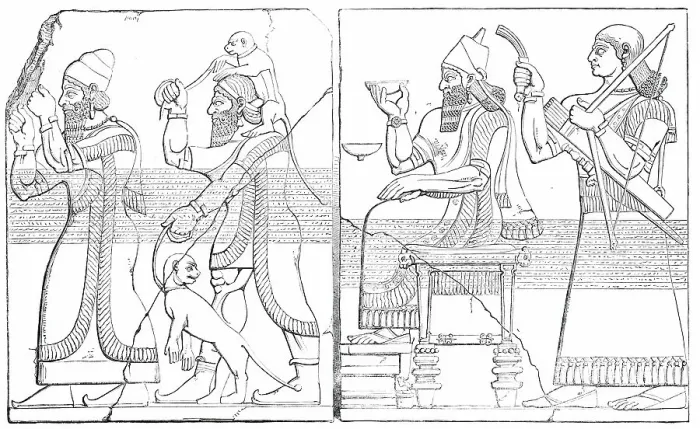 Framed Print : Nimroud Sculptures at the British Museum - Tribute Bearers; Assyrian King and Sword-Bearer, 1850. Creator: Unknown Framed Print : Nimroud Sculptures at the British Museum - Tribute Bearers; Assyrian King and Sword-Bearer, 1850. Creator: Unknown