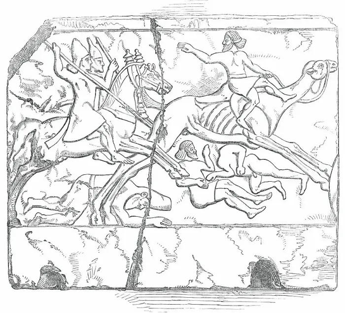 Framed Print : Nimroud Sculptures...Flight of an Arab Mounted upon a Camel, 1850. Creator: Unknown Framed Print : Nimroud Sculptures...Flight of an Arab Mounted upon a Camel, 1850. Creator: Unknown