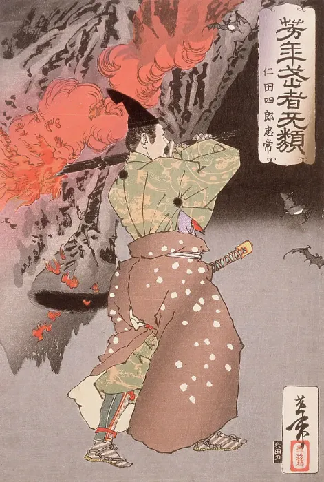 Framed Print : Nitta Shiro Tadatsune Entering a Cave with a Torch, 1886. Creator: Tsukioka Yoshitoshi Framed Print : Nitta Shiro Tadatsune Entering a Cave with a Torch, 1886. Creator: Tsukioka Yoshitoshi