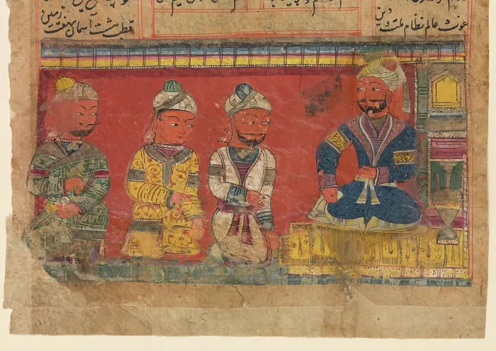 Framed Print : Nizamuddin Awliya with three attendants. From a Khamsa (Quintet) by Amir Khusraw Dihlavi, c. 1450. Creator: Anonymous Framed Print : Nizamuddin Awliya with three attendants. From a Khamsa (Quintet) by Amir Khusraw Dihlavi, c. 1450. Creator: Anonymous