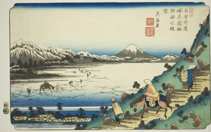 Framed Print : No. 31: View of Lake Suwa from Shiojiri Pass (Sanjuichi: Shiojiri toge Suwa no kosui... c. 1835 / 36. Creator: Ikeda Eisen) Framed Print : No. 31: View of Lake Suwa from Shiojiri Pass (Sanjuichi: Shiojiri toge Suwa no kosui... c. 1835 / 36. Creator: Ikeda Eisen)