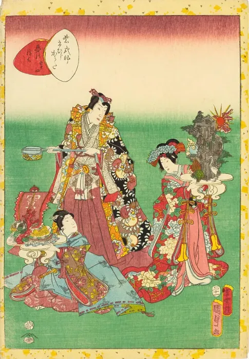 Ukiyo-e Woodblock Print: Yume no ukihashi, 1857. Art Prints