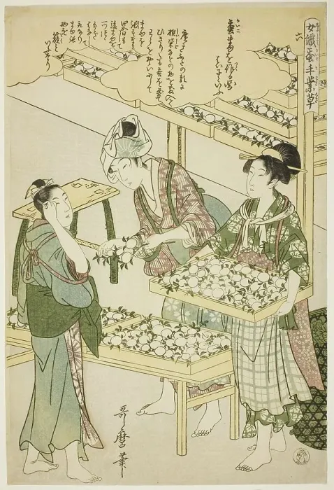 Framed Print : No. 6 (roku), from the series Women Engaged in the Sericulture Industry (Joshoku... c1798 / 1800. Creator: Kitagawa Utamaro. No. 6 (roku), from the series Women Engaged in the Sericulture Industry (Joshoku... c1798 / 1800) Framed Print : No. 6 (roku), from the series Women Engaged in the Sericulture Industry (Joshoku... c1798 / 1800. Creator: Kitagawa Utamaro. No. 6 (roku), from the series Women Engaged in the Sericulture Industry (Joshoku... c1798 / 1800)