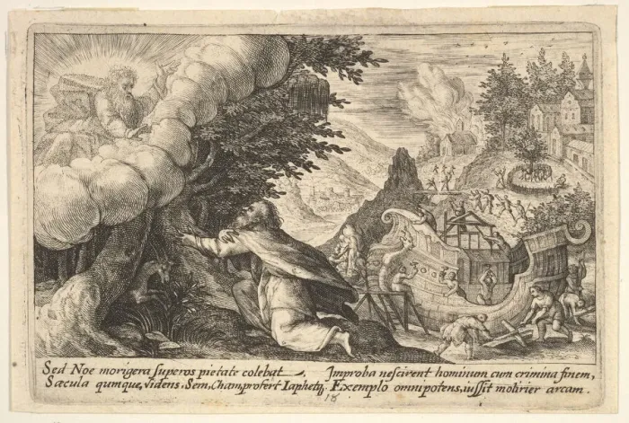 Framed Print : Noah kneeling before God at left, the construction of the ark underway beyond Framed Print : Noah kneeling before God at left, the construction of the ark underway beyond