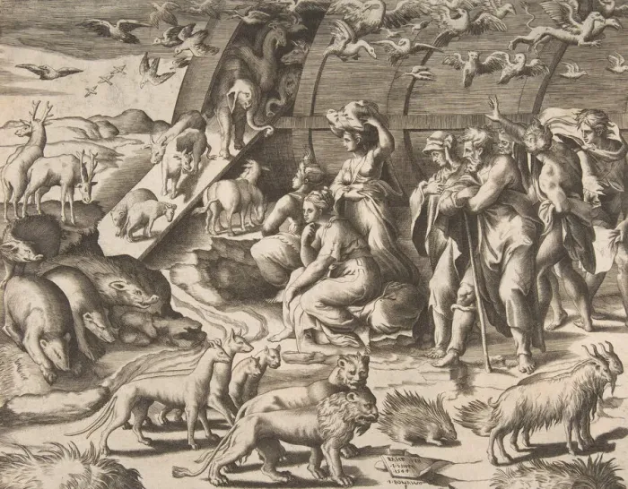 Framed Print : Noah leaving the Ark, 16th century. Creator: Giulio Bonasone Framed Print : Noah leaving the Ark, 16th century. Creator: Giulio Bonasone