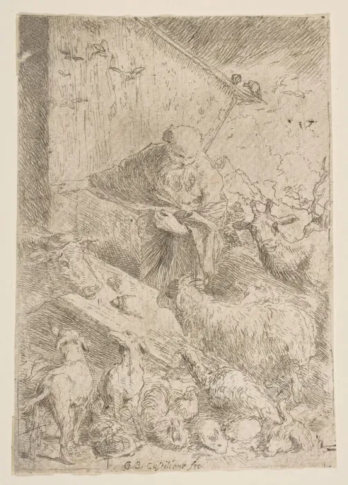 Framed Print : Noah letting the animals into the ark, ca. 1630. Creator: Giovanni Benedetto Castiglione Framed Print : Noah letting the animals into the ark, ca. 1630. Creator: Giovanni Benedetto Castiglione