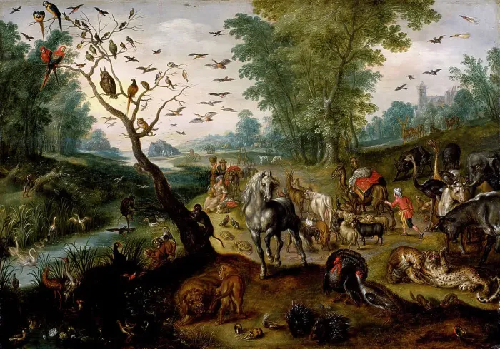 Framed Print : Noah's Family Assembling Animals before the Ark, c1660. Creator: Jan van Kessel Framed Print : Noah's Family Assembling Animals before the Ark, c1660. Creator: Jan van Kessel