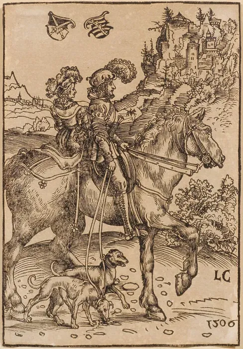Framed Print : Noble couple riding out to hunt, 1506. Creator: Cranach, Lucas, the Elder (1472-1553) Framed Print : Noble couple riding out to hunt, 1506. Creator: Cranach, Lucas, the Elder (1472-1553)