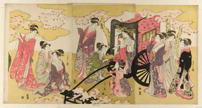Framed Print : Noble woman in a carriage viewing cherry blossoms, c. 1796. Creator: Hosoda Eishi Framed Print : Noble woman in a carriage viewing cherry blossoms, c. 1796. Creator: Hosoda Eishi