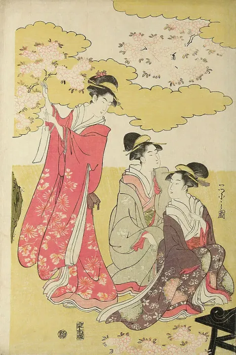 Framed Print : Noble woman in a carriage viewing cherry blossoms, c. 1796. Creator: Hosoda Eishi Framed Print : Noble woman in a carriage viewing cherry blossoms, c. 1796. Creator: Hosoda Eishi