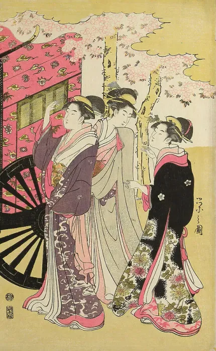 Framed Print : Noble woman in a carriage viewing cherry blossoms, c. 1796. Creator: Hosoda Eishi Framed Print : Noble woman in a carriage viewing cherry blossoms, c. 1796. Creator: Hosoda Eishi