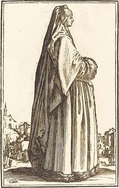 Noble Woman Wearing a Veil and a Dress Trimmed in Fur. Creator: Unknown