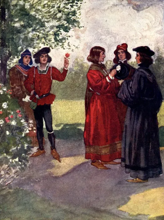 Framed Print : The nobles plucked red or white roses and put them in their caps, 15th century, (1905). Artist: As Forrest Framed Print : The nobles plucked red or white roses and put them in their caps, 15th century, (1905). Artist: As Forrest