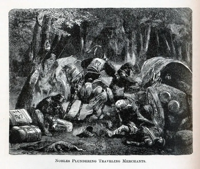 Framed Print : Nobles Plundering Traveling Merchants, 1882. Artist: Anonymous Framed Print : Nobles Plundering Traveling Merchants, 1882. Artist: Anonymous