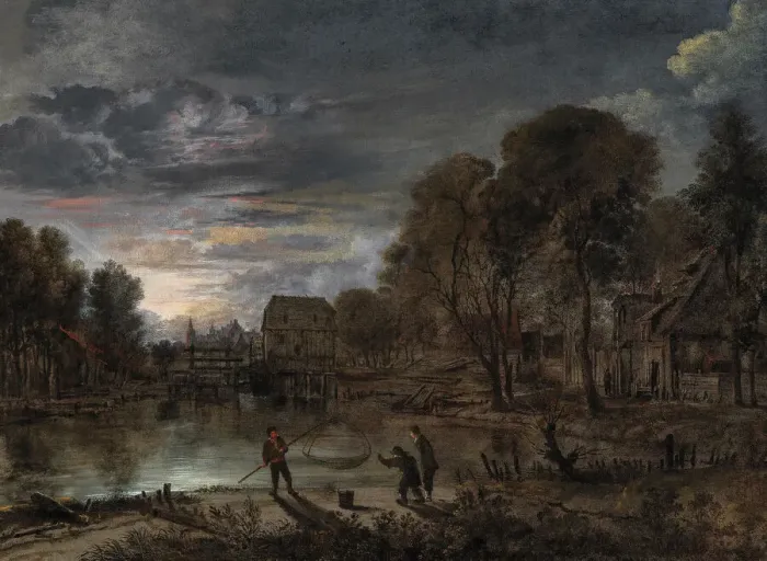 Framed Print : A nocturnal landscape with fishermen. Creator: Neer, Aert, van der (1603-1677) Framed Print : A nocturnal landscape with fishermen. Creator: Neer, Aert, van der (1603-1677)