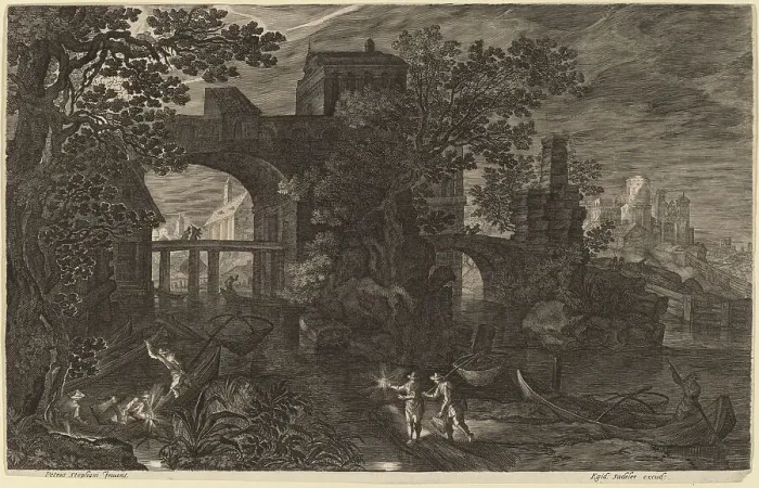 Framed Print : Nocturnal Landscape with River Fishermen outside City Walls. Creator: Aegidius Sadeler II Framed Print : Nocturnal Landscape with River Fishermen outside City Walls. Creator: Aegidius Sadeler II