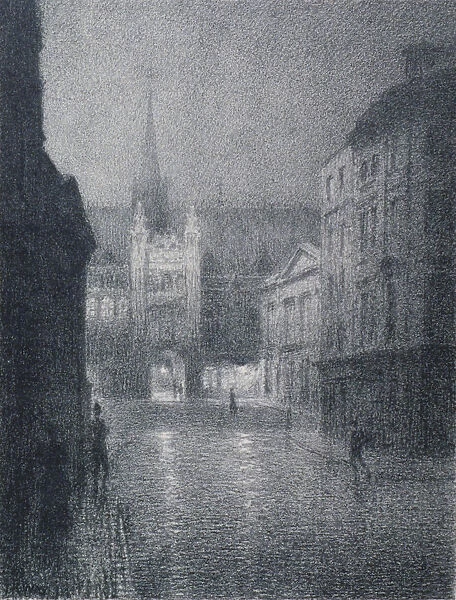 Nocturnal view of the Guildhall from the corner of Gresham Street, City of London, 1900