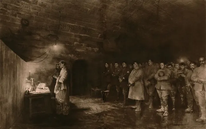 Framed Print : Noel, au fort de Douaumont; La messe de minuit du 25 decembre 1916, dans une casemate du fort, 191 Creator: Unknown Framed Print : Noel, au fort de Douaumont; La messe de minuit du 25 decembre 1916, dans une casemate du fort, 191 Creator: Unknown