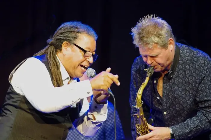 Framed Print : Noel McCalla and Derek Nash (Sax), Hawth, Crawley, West Sussex, 5 Oct 2018. Creator Framed Print : Noel McCalla and Derek Nash (Sax), Hawth, Crawley, West Sussex, 5 Oct 2018. Creator